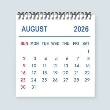 August 2026 calendar page ring binder showing dates Stock Illustration