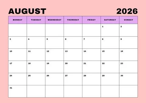 August 2026 Calendar Planner Template Minimal Pink and Purple Design Stock Illustration