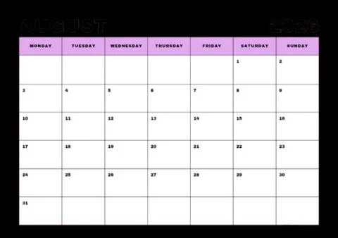 August 2026 Calendar Planner Template Purple Headers Minimalist Design Organizer Stock Illustration
