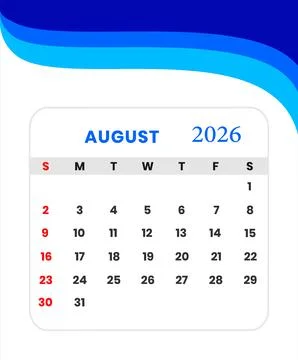 August 2026 Calendar Template Vector Stock Illustration