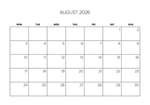 August 2026 Professional Calendar Grid Clean Minimalist Monthly Planner Stock Illustration