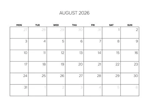 August 2026 Professional Calendar Grid Clean Minimalist Monthly Planner Stock Illustration
