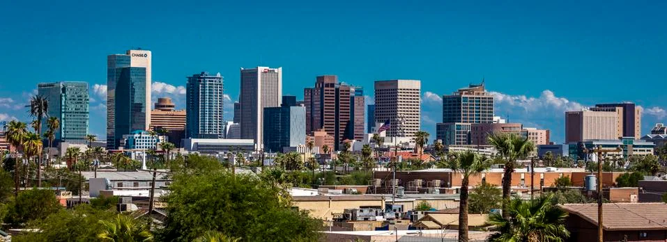 AUGUST 23, 2017 - PHOENIX ARIZONA - Panoramic skyline view of Phoenix downtown Stock Photos