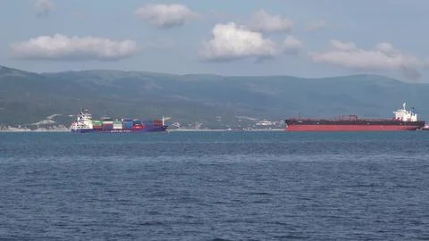 August 24, 2025: Large cargo ship entering the port of Novorossiysk, Russia,  Stock Photos