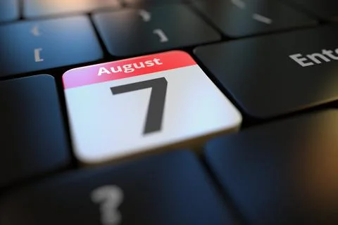 August 7 date on a keyboard key, 3d rendering Illustrazione stock