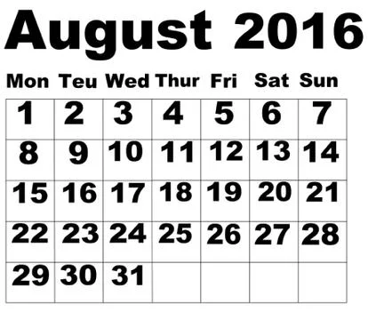 August Calendar 2016 Stock Illustration