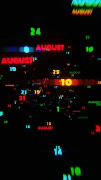 AUGUST Calendar Dates in Vibrant Neon Colors on Dark Background Stock Illustration