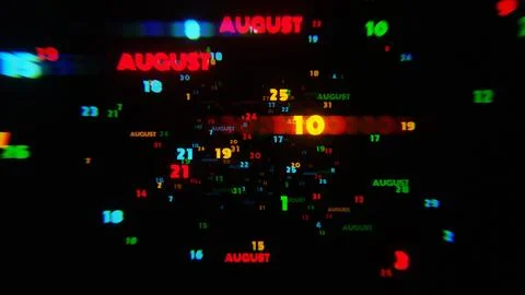 AUGUST Calendar Dates in Vibrant Neon Colors on Dark Background Stock Illustration