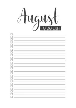 August To Do List. Vector Template. Handwritten lettering. Stock Illustration