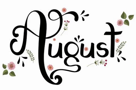 AUGUST month vector with flowers and leaves. Stock Illustration