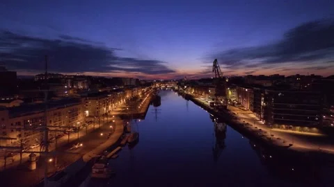 Aurajoki river and the city at night in Turku, Finland Stock Footage 239733080