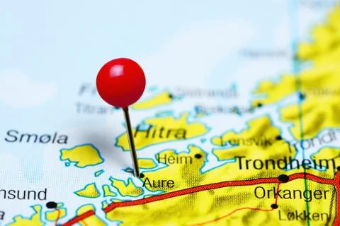 Aure pinned on a map of Norway Stock Photos