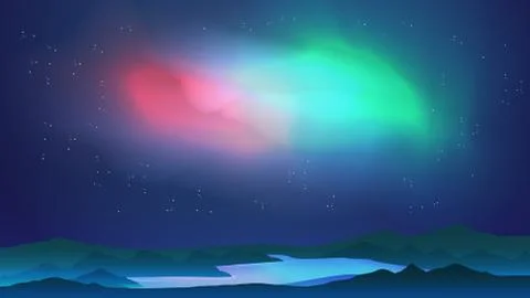 Aurora above Lake with Reflection - Vector Illustration. Stock Illustration