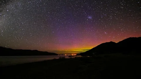 Aurora Australis panning time lapse New Zealand Stock Footage 78049438