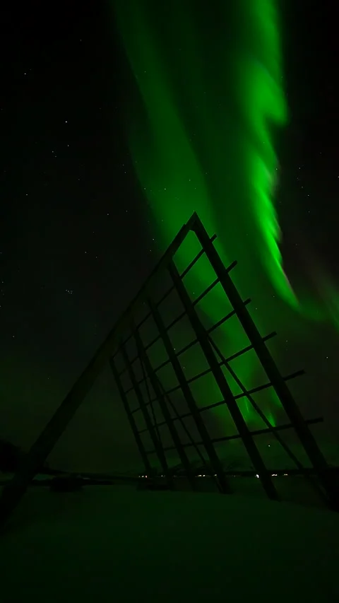 Aurora Borealis Above Traditional Cod Drying Rack Near Tromso 動画素材 337520883
