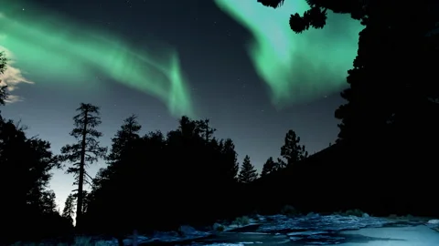Aurora Borealis Green Loop Snow Mountain Forests Northern Lights Stock Footage 157592175