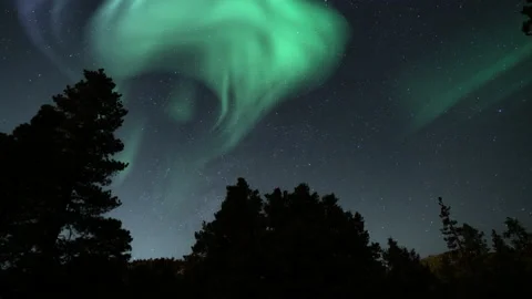 Aurora Borealis Green Loop Winter Mountain Forest Black Sky Northern Lights Stock Footage 159992844