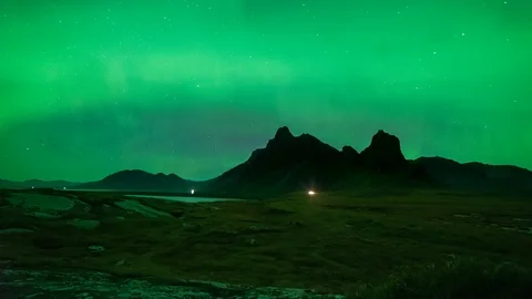 Aurora Borealis Hyperlapse Over Eystrahorn Stock Footage 126198903