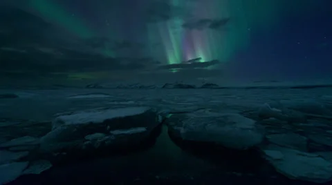 Aurora Borealis (Northern Lights) on Jokulsarlon Lagoon, Iceland timelapse Stock Footage 36172321