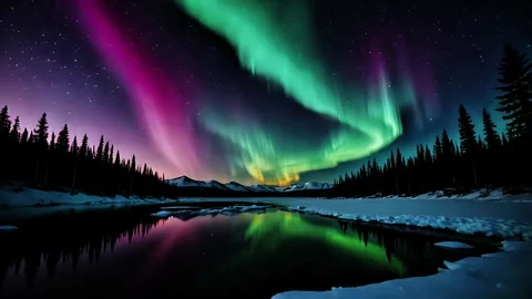 Aurora Borealis Reflected in Frozen River Vidéo 304675689
