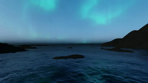 Aurora borealis seen from a flight above the water going backwards, 4K Stock Footage 170924309
