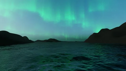 Aurora borealis seen in front  at the horison, flight above the water, 4K 스톡 동영상 194415245