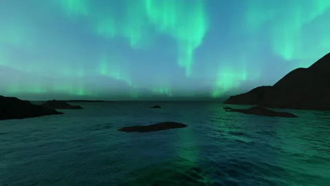 Aurora borealis seen in front at the horison, flight above the water going b Stock Footage 201146719