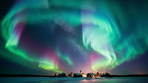 Aurora Borealis Turquoise Winter Small Village Northern Lights Starry Night Stock Footage 329753200