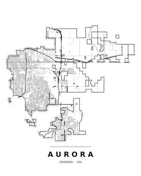 Aurora CO Street Map Road Network Highways Black White Editable Vector Stock Illustration