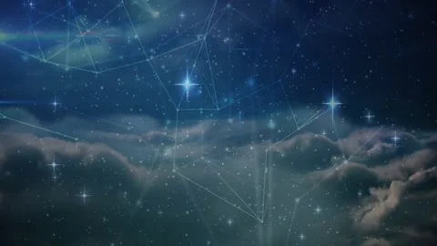 Aurora glinting, polygon lines tracing star nodes, clouds drifting, camera Stock Footage 329551070