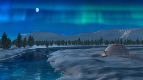 Aurora over igloo at winter river Видео 339446277