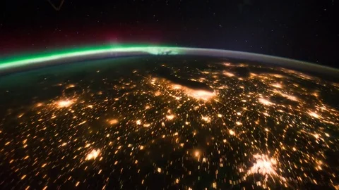 Aurora time lapse on top of Chicago and eastern Canada at night from space in 4K Video stock 74285668