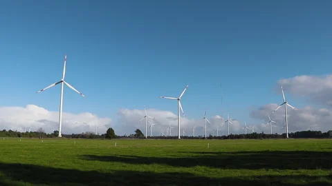 Aurora Wind Farm Panoramic View with Green Meadow and Blue Sky, Llanquihue Stock Footage 333657979