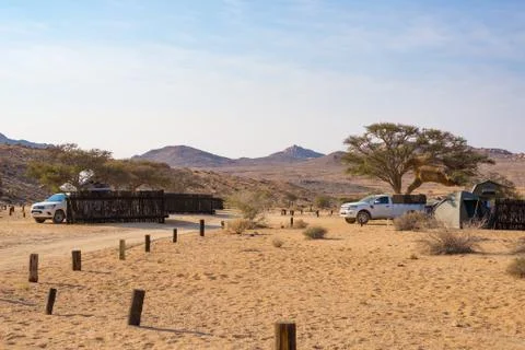 Aus, Namibia - September 3, 2016: Camping cars and camping gear in the Namib  Stock Photos