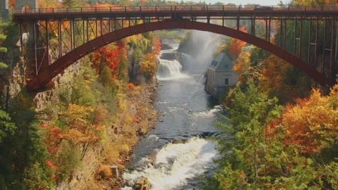 Ausable Chasm, bridge, waterfall, Adirondacks, NY, Autumn season Video stock 304238594