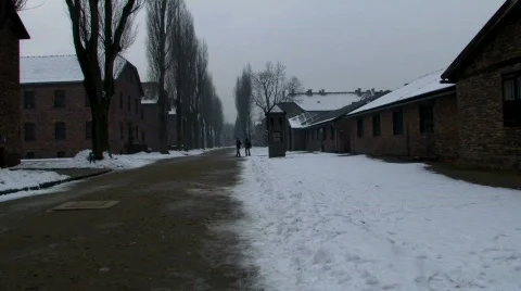 Auschwitz 1 grim snow winters day Stock Footage