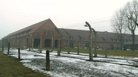 Auschwitz 1 inside main gate, pan round Stock Footage