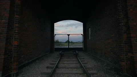 Auschwitz Birkenau Main Gate of Concentration Camp. Holocaust trains railway. Stock Footage 219280960