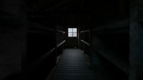 Auschwitz concentration camp. Birkenau. Interior of barracks Stock Footage 219281112