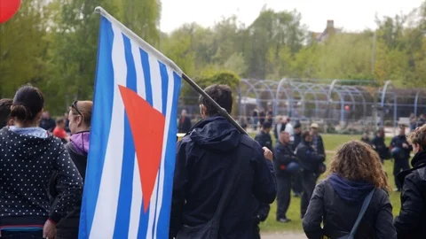 Auschwitz death camp flag, left antifa protest against AFD right party, Berlin Stock Footage 87455490