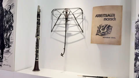 Auschwitz Prisoner Orchestra Instruments Memorial Museum Display Poland Stock Footage 340158412