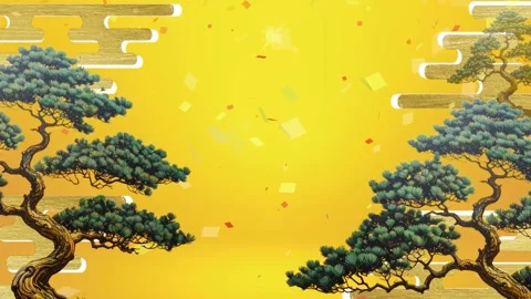 Auspicious Japanese Pine Trees and Sea of Clouds with Falling Confetti Stock Footage 344093044