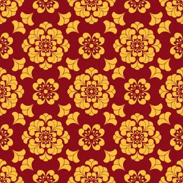 Auspicious seamless Chinese floral pattern in rich red and gold Stock Illustration