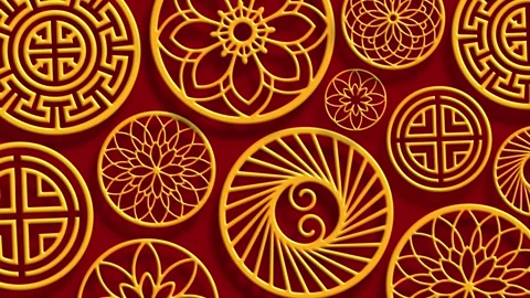 Auspicious Symbol Pattern Gold Circle Red Background Texture Stock Footage 323796595