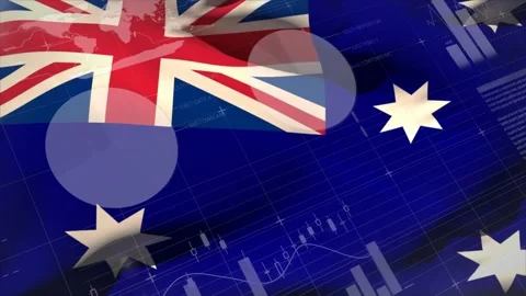 Aussie flag rippling on blue grid at start, data showing through fabric and Stock Footage 332844020