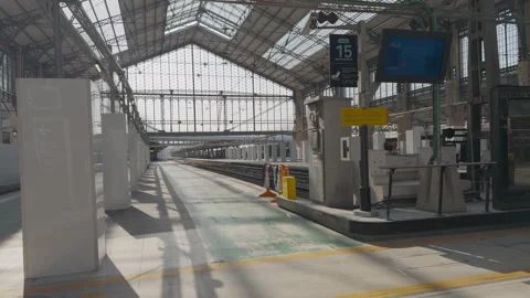 Austerlitz station platform under glass roof in Paris during restoration Stock Footage 306572953