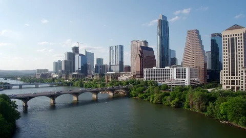 Austin City Skyline & Colorado River, Drone Stock Footage
