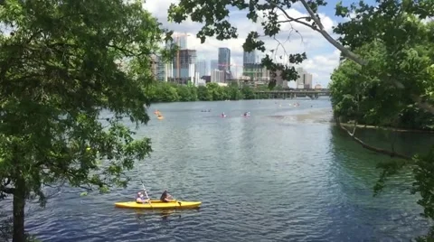 Austin Kayakers in front of skyline Stock Footage 50227763