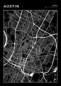 Austin Map Wall Art Frame, Cartography Map Print, City Layout Map Stock Illustration