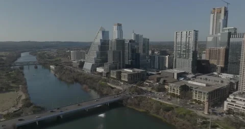 Austin Skyline with Lake, Skyline pullback, Bridges, Downtown Austin Stock Footage 235851279